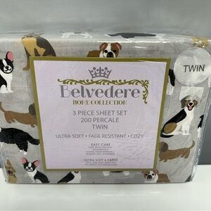Dog Print 3pc Sheet Set Twin Belvedere Gray Dogs Bulldog Collie Dachshund Yorkie